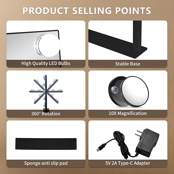 Vanity Mirror with Lights,Makeup Mirror with Lights,3 Color Lighting Modes Detachable 10X Magnification Mirror Touch Control,360°Rotation,White