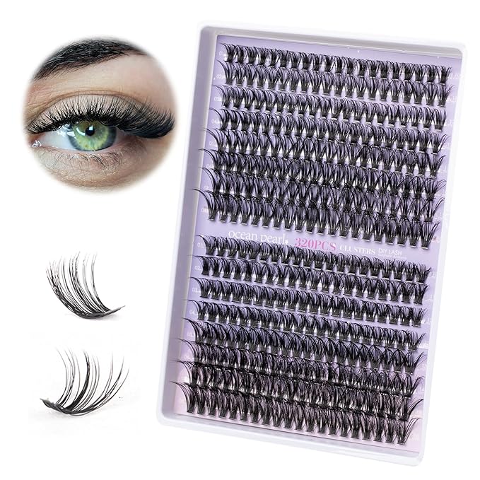 OCEAN PEARL 40D 50D Lash Clusters Lash Extension Kit 320 Pcs Thick Eyelashes Natural Lashes Clusters 10-16mm Eyelash Extensions Kit Individual Lashes with Bond and Seal Tweezers DIY Eyelash Extension