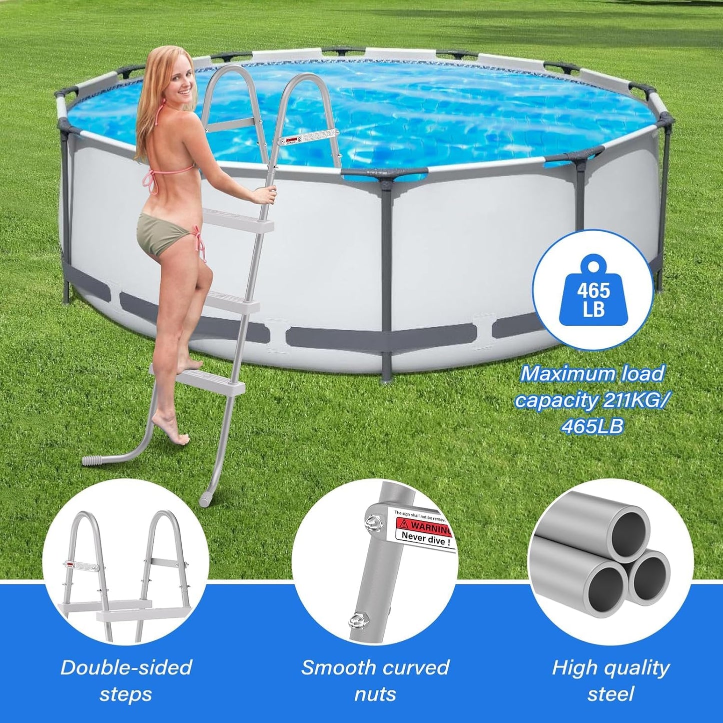 TIXANF 36" 3-Step Steel Frame Above Ground Swimming Pool Ladder,Heavy Duty Double Sided Removable Pool Steps,Pool Ladder Steps with Non-Slip Plastic Steps for Entry and Exit