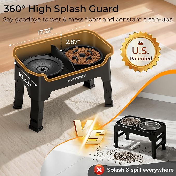URPOWER Mess Proof Elevated Dog Bowls 4 Height Adjustable Raised Stand with No Spill Water Bowl and Slow Feeder Dog Bowls Non-Slip Food and Water Bowl Set for Small, Medium & Large Dogs