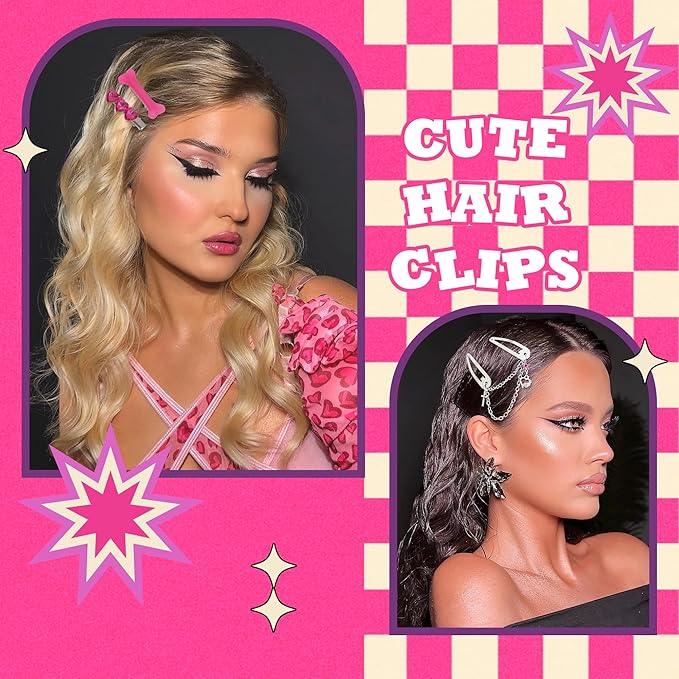 10PCS Y2K Hair Clips Hot Pink Cute Hair Snap Clips Punk Cross Alligator Clip Kawaii Leopard Star Accessories for Women Girls