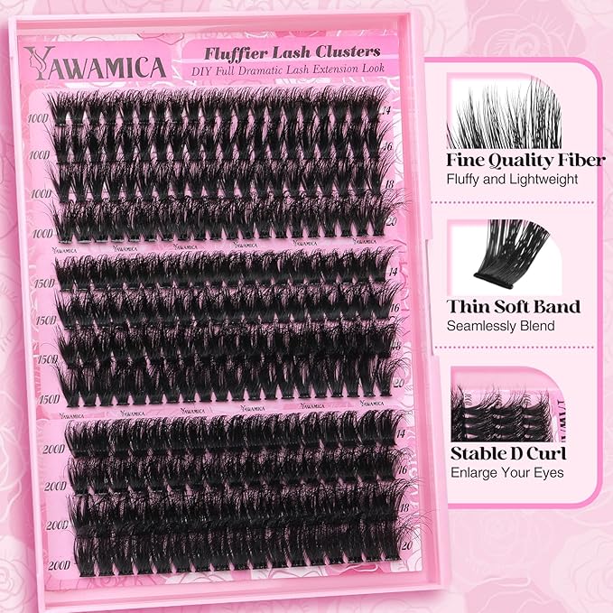 Yawamica Eyelash Clusters Fluffy Cluster Eyelash Extensions 14-20mm Wispy Lash Clusters 100D+150D+200D Mixed Volume Individual Lashes 240pcs Cluster Lash DIY Lash Extension by Self
