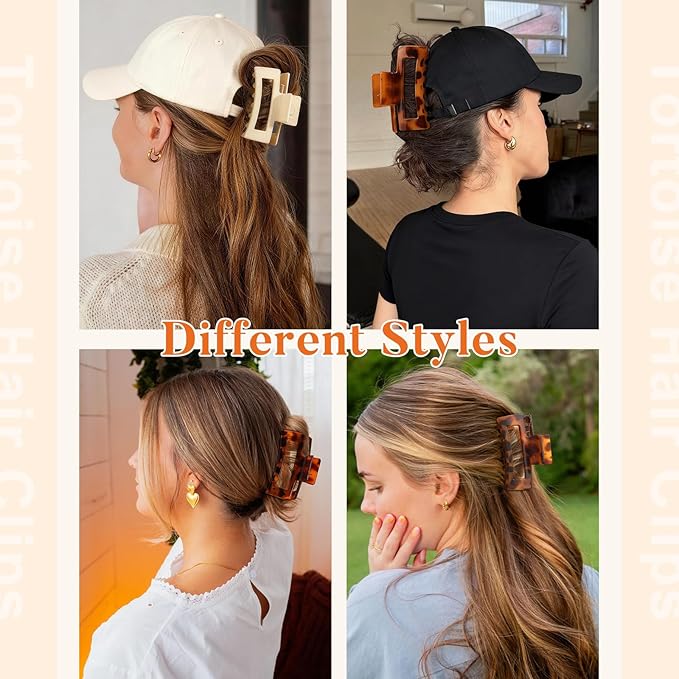 Auseibeely 6 Pack 4.1 Inch Large Claw Clips for Thick Hair, Big Tortoise Shell Claw Clip for Hat, Square Hair Clips for Thick/Long/Curly Hair, Strong Hold Non-slip Baseball Jaw Clip Accessories