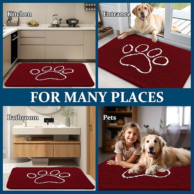 OLANLY Dog Door Mat for Muddy Paws 36x24, Paw Print Design, Absorbs Moisture and Dirt, Absorbent Non-Slip Washable Doormat, Quick Dry Chenille Mud Mat for Dogs, Entry Indoor Entryway Carpet, Red