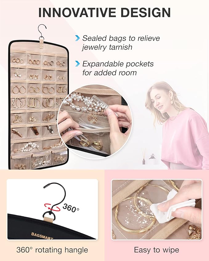 BAGSMART Hanging Jewelry Organizer, Necklace Holder Anti-tangle Earrings Rings Hanger with 10 Jewelry Bags Travel Storage Roll with Pockets Hang on Closet, Wall, Door,1 Piece, Small, Black