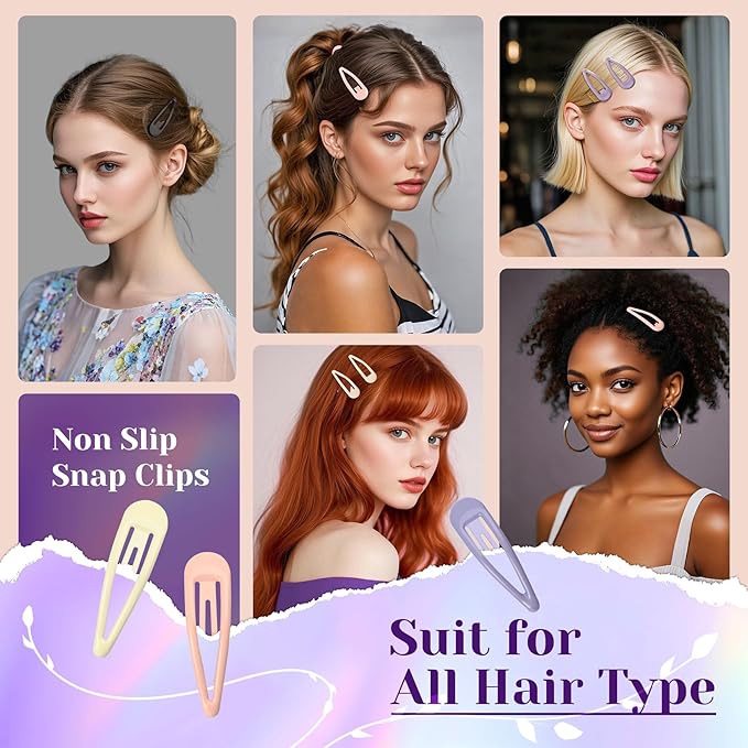 Metal Snap Hair Clips, No Slip Hair Clips for Thick/Thin Hair, 16pcs Medium Barrettes for Women Kids Hairstyle Makeup Accessories (8pcs 2.36inch & 8pcs 2.7inch) (Purple Pink)