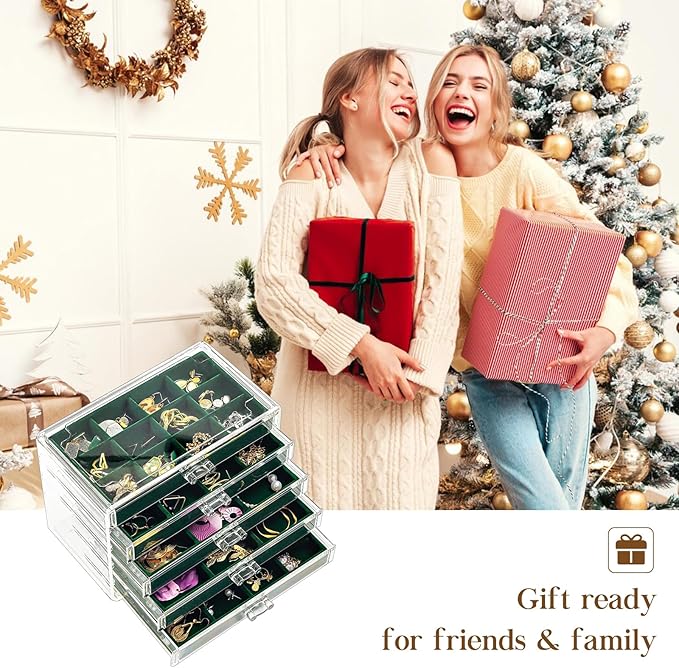 ProCase Earring Holder Organizer Jewelry Box with 5 Drawers, Acrylic Clear Earring Case with Adjustable Velvet Trays for Women - Emerald, 5 Layers