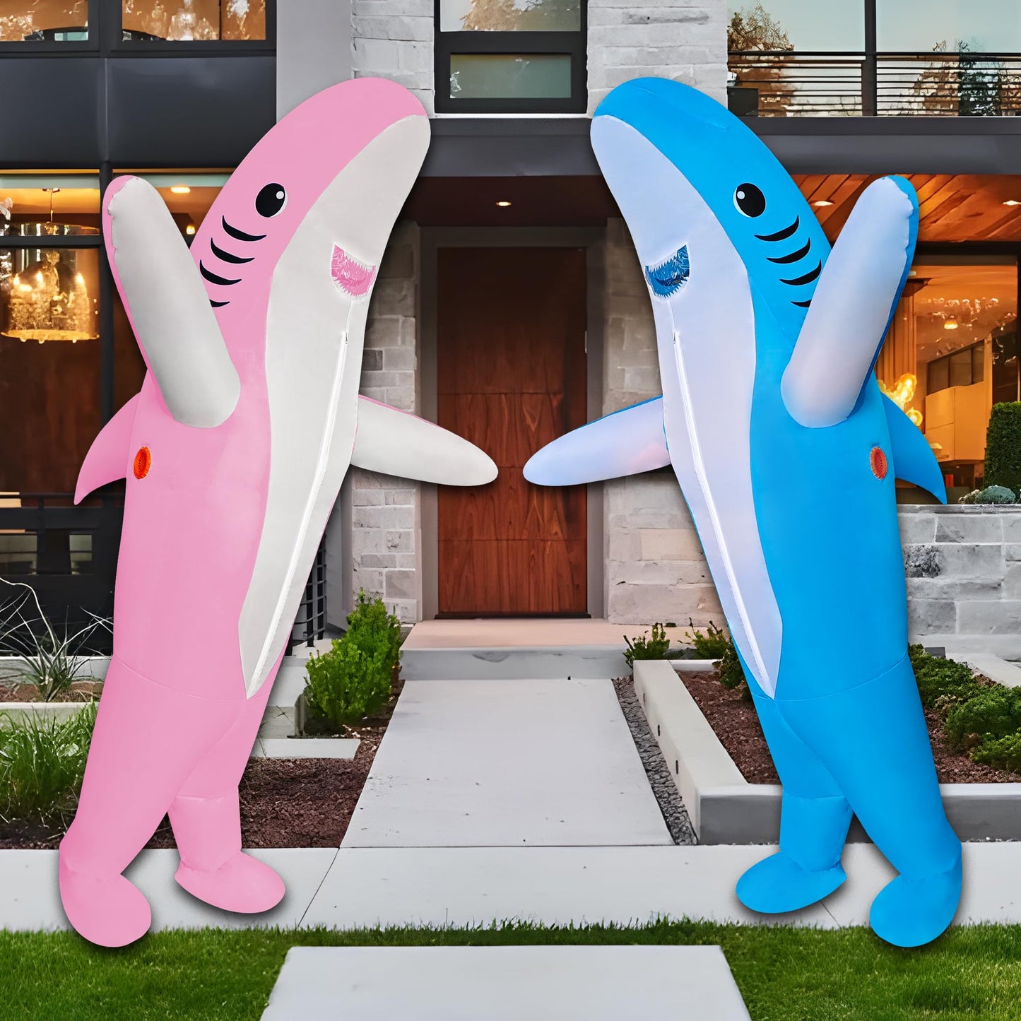 DeHasion 2 Packs Inflatable Animal Costume Halloween Costume Christmas Blow-Up Costume for Adult/Christmas/Birthday Party (Blue/Pink Shark)