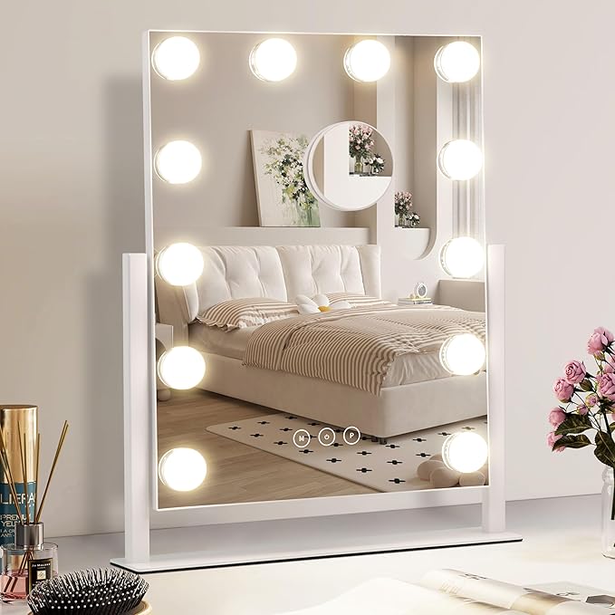 Vanity Makeup Mirror with Lights,3 Color Lighting Modes Detachable 10X Magnification Mirror Touch Control,360°Rotation, White (14.6Inch)