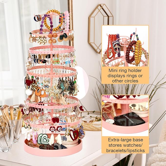 6 Tier Rotating Jewelry Organizer Stand, 230 Holes Earring Holder Organizer for Women Girls, Spinning Earring Tree with Ring Holder, Wide Base for Bracelets Watches Lipstick