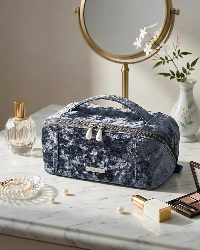 EACHY Travel Makeup Bag, Large Capacity Cosmetic Bag for Women, Waterproof PU Leather, Flat Open Portable Toiletry Bag for Skincare, Brushes & Travel Essentials