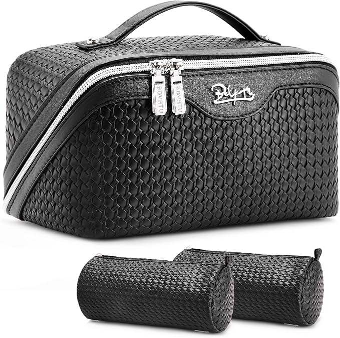 BOYATU Travel Makeup Bags for Women: Large Capacity Make up Bag with Wide Opening - 3 Pcs Set Waterproof Travel Toiletry Organizer for Full-Sized Bottles, Cosmetics & Brushes (Black-W)