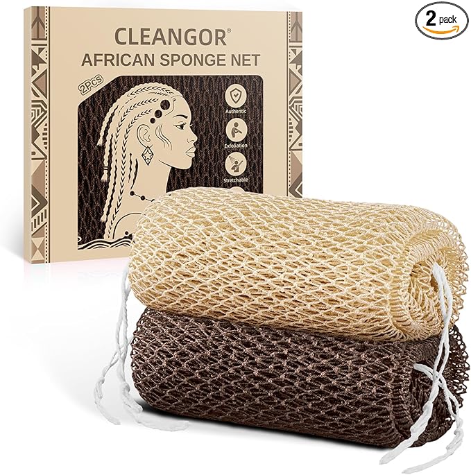 Cleangor 2Pcs African Net Sponge Authentic with Knots - Exfoliating Body Scrubber for All Skin Types, African Bath Sponge, Wash Cloth, Gentle Exfoliation Shower Rag for Women Daily Use (Linen & Brown)