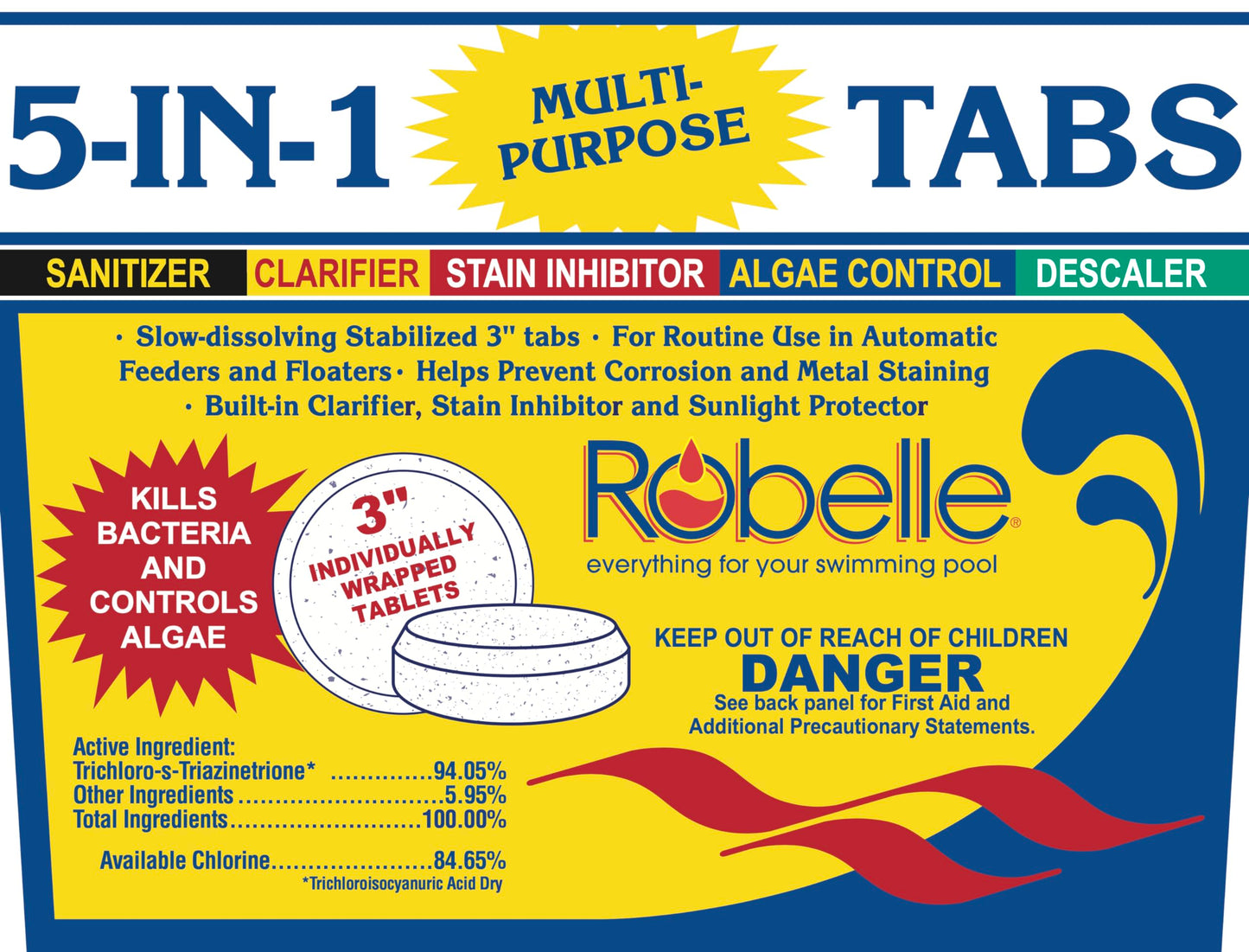 Robelle 5-Pounds Premium 5-In-1 Multi-Purpose Tabs, Chlorine Tablets 3 Inch, Sanitizer, Clarifier, Stain Inhibitor, Algae Control, Descaler, Sunlight Protector All In One, Made In USA