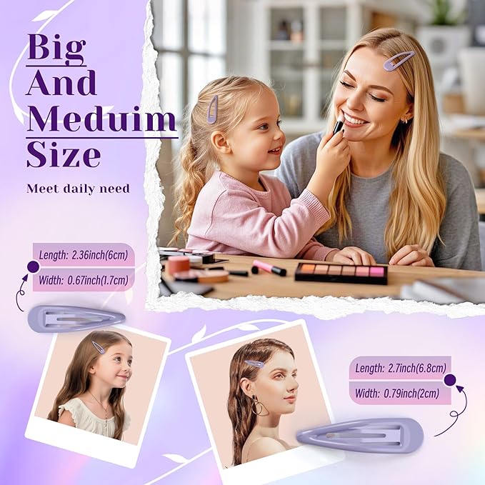 Metal Snap Hair Clips, No Slip Hair Clips for Thick/Thin Hair, 16pcs Medium Barrettes for Women Kids Hairstyle Makeup Accessories (8pcs 2.36inch & 8pcs 2.7inch) (Purple Pink)