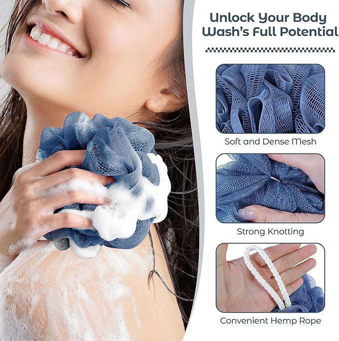 Rnoafmu Shower Loofah Bath Sponge, 60G Loofah Exfoliating Body Scrubber, 4 Color Mesh Shower Pouf Balls for Body Wash (Blue Gray Green Dark Green)