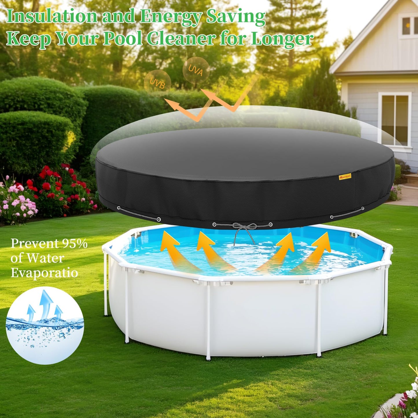 HIGHTQURO 12Ft Round Pool Cover,Heavy Duty Waterproof Round Pool Covers for Above Ground Pools with Ground Nails and Windproof Ropes,Increase Stability&Tear-Resistant, Waterproof and Dustproof, Black