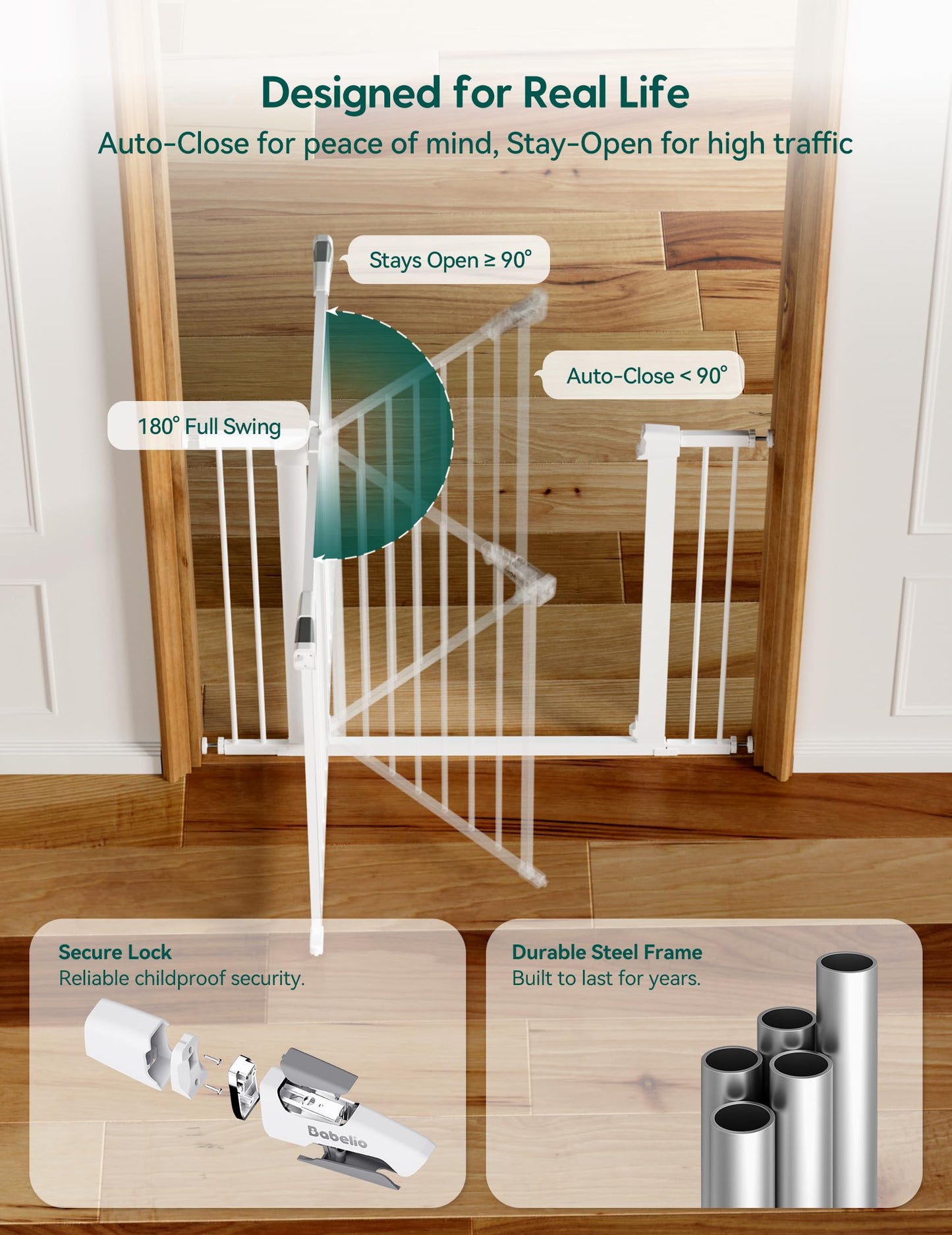 Babelio Baby Gate, 29-48 Inch Auto Close Pet Gate PressGuard P7, Easy Install Pressure-Mounted Safety Gate, Extra Wide Pet Gate for Stairs and Doorways, 2 Pack White