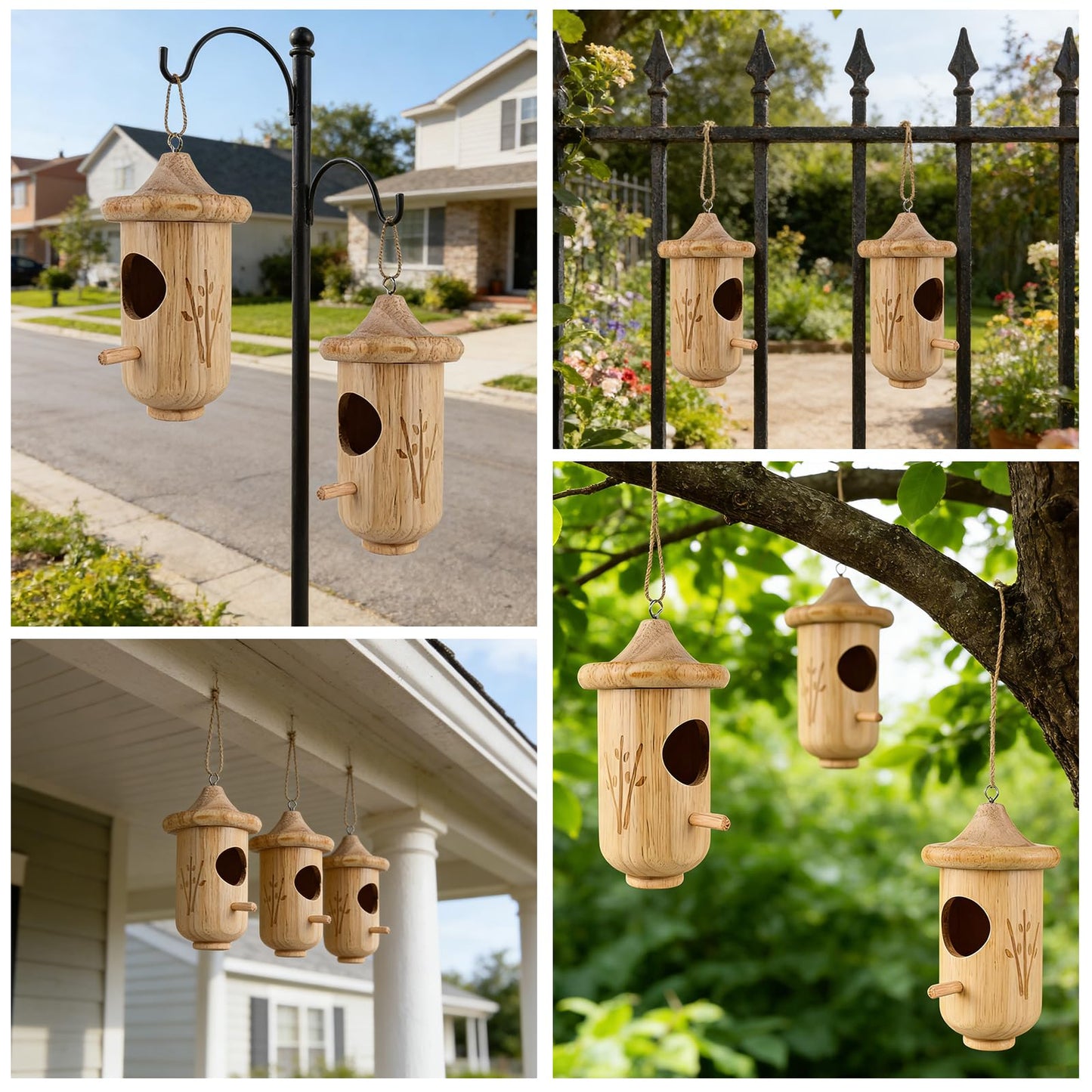 Hummingbird House for Outside Hanging, Small Wooden Hummingbird Gifts Nest 3 Pack with Hemp Ropes, Gardening Gifts Humming Bird Houses Home Decoration