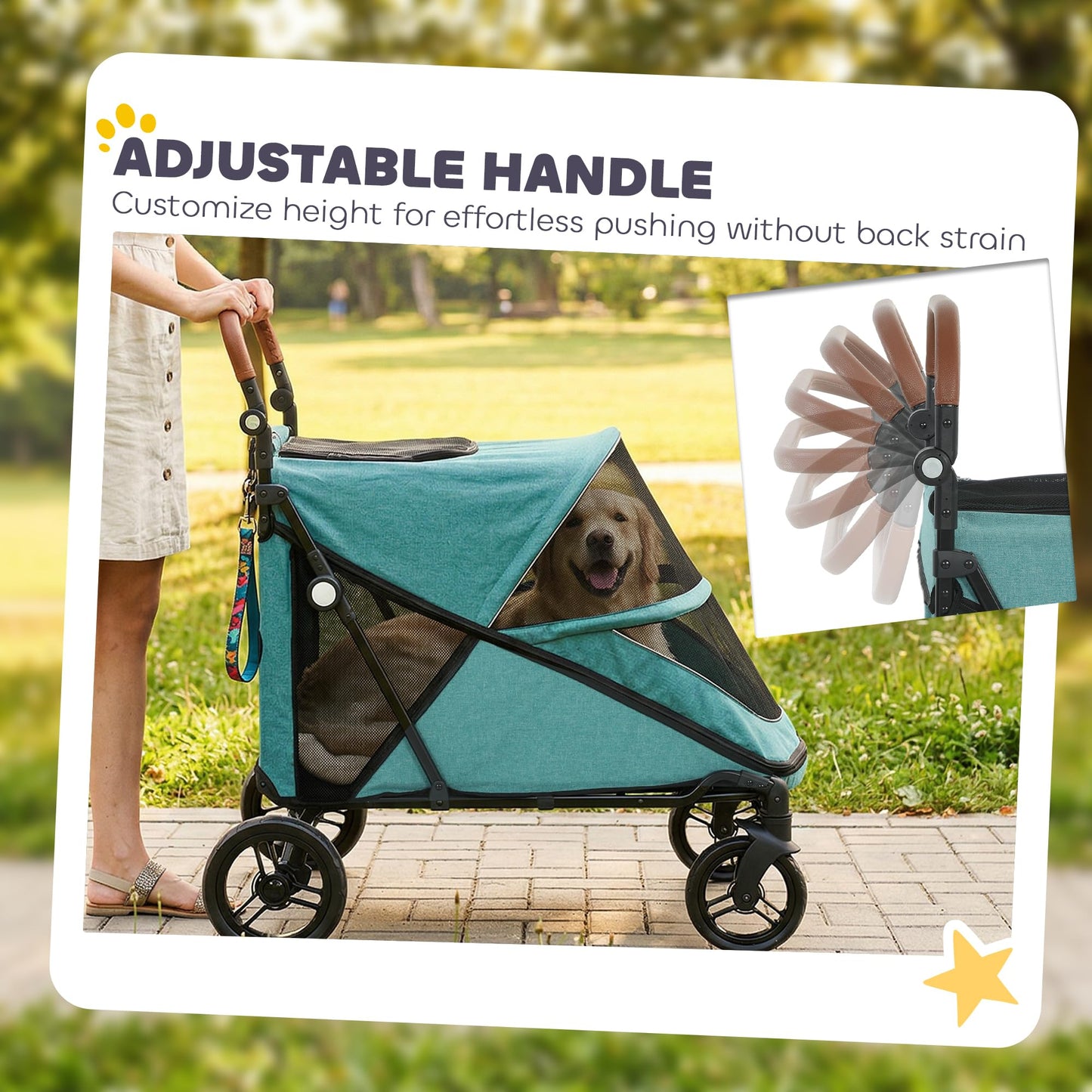 PawHut Dog Stroller for Large Dogs, One-Click Folding 4 Wheel Large Pet Stroller Wagon for Multiple Pets, All Terrain Spring Suspension w/ 8-Position Adjustable Handle, Mesh Window, Up to 66 LBS, Teal