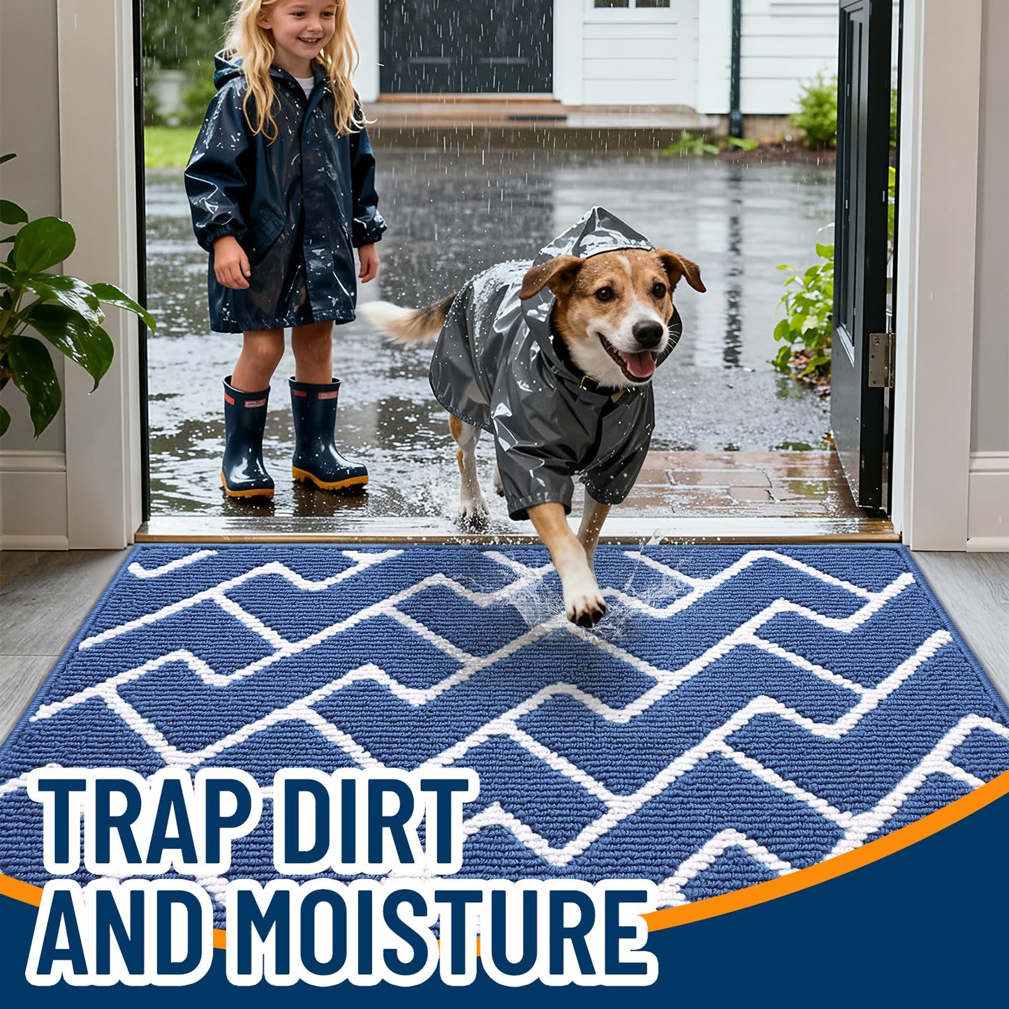 OLANLY Front Door Mat, Non-Slip Rubber Backing, Dirt Resistant and Absorbent, Washable, Easy to Clean Low-Profile Indoor Doormat for Back Door, Entryway, Inside Entrance, 40x32, Navy