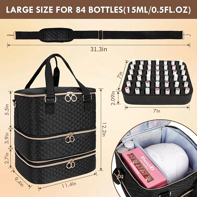 Nail Polish Organizer Bag, 3 Layers Nail Kit Organizers and Storage Case Holds 84 Bottles(15ml/0.5fl.oz)& Nail Lamp, Large Shoulder Bag Travel Carrying Case Box for Nail Supplies