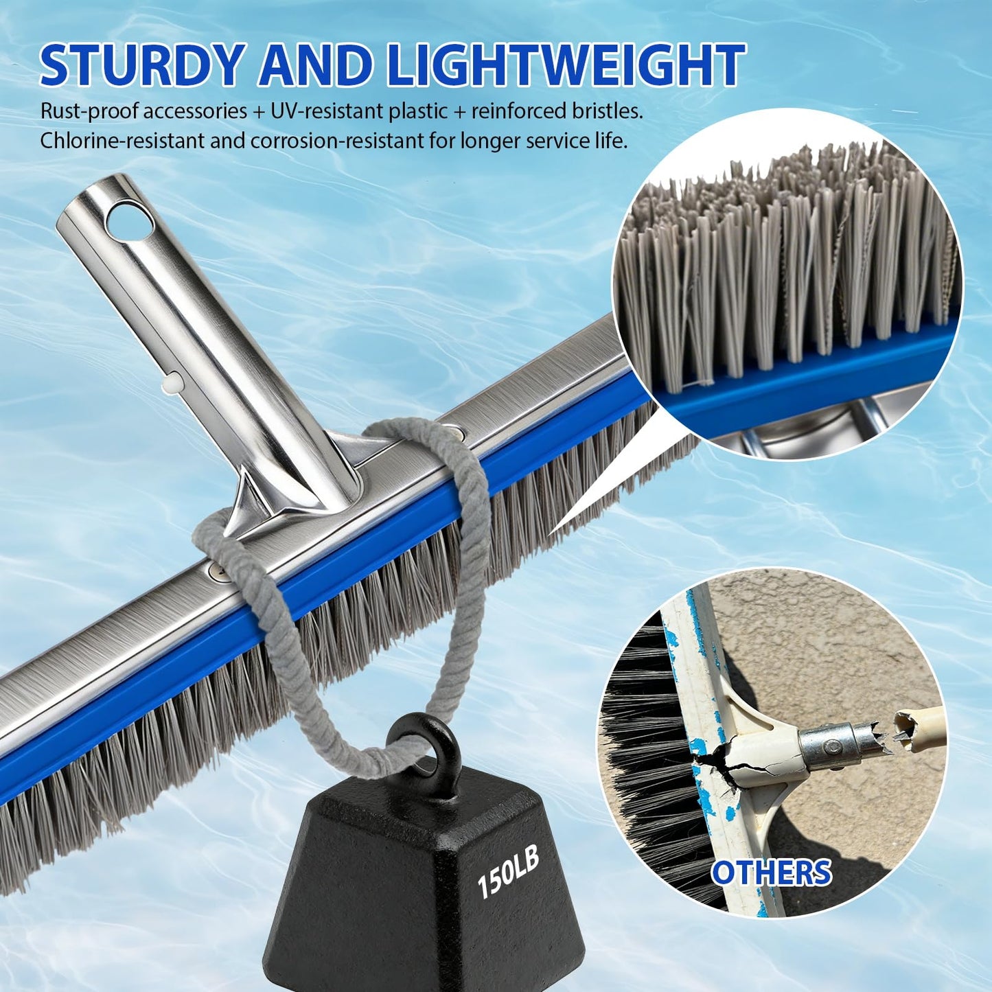 18" Wide Pool Brush Head - Combo Nylon & Stainless Steel Wire Bristles, Heavy Duty Metal Pool Brush for Extra Scrubbing Power, Curved Edge for Cleaning Inground Pool Tiles, Concrete, Walls, Corners