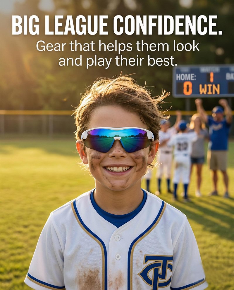 maivnz Youth Baseball Sunglasses for Boys and Girls Ages 6-12, Kids Sports Glasses for Softball Cycling, Helmet Compatible（White/Blue
