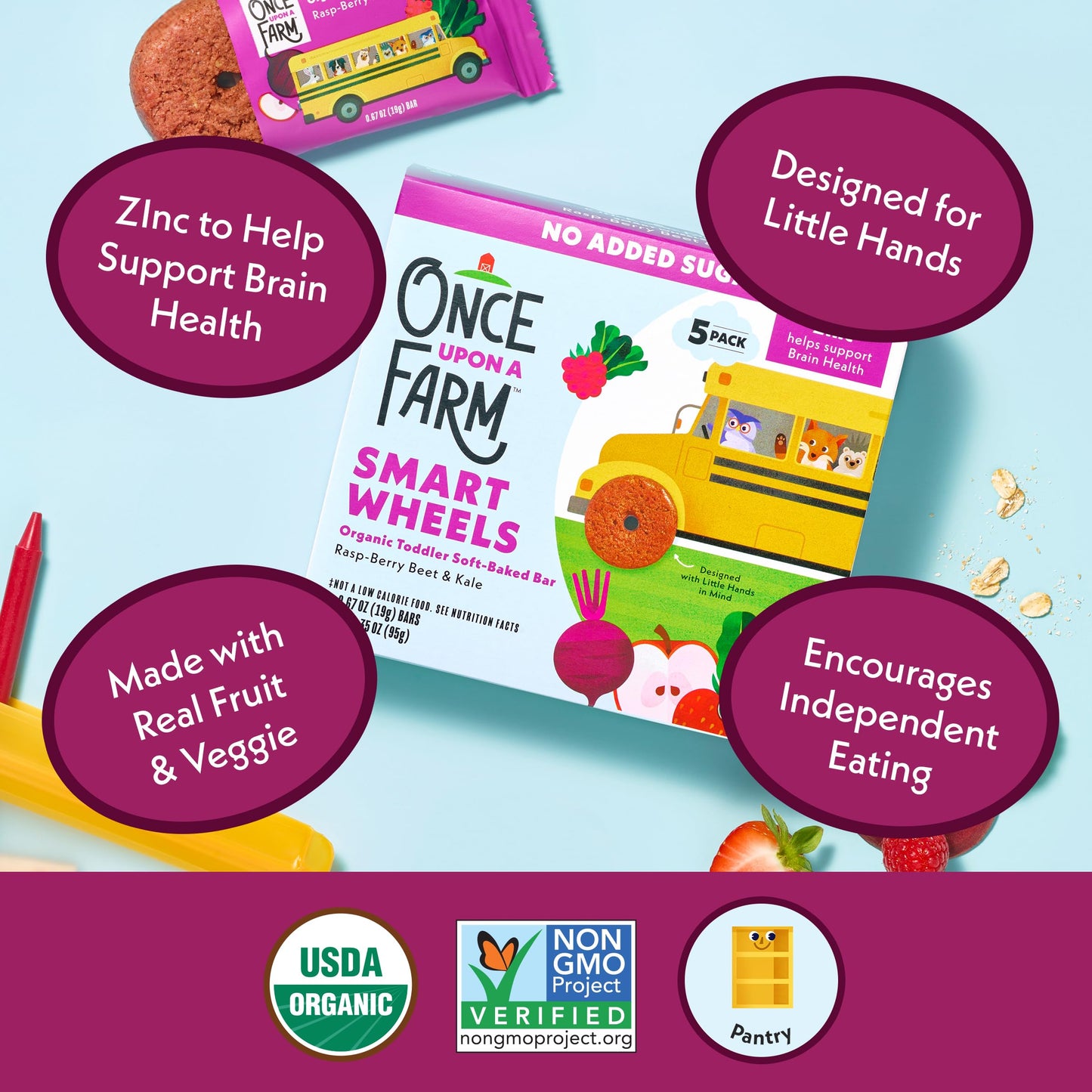 Once Upon A Farm Organic Toddler Soft Baked Bar, Rasp-Berry, Beet and Kale, Smart Wheels Shaped, Non GMO, Kosher, 3.35 Ounces (Pack of 8)
