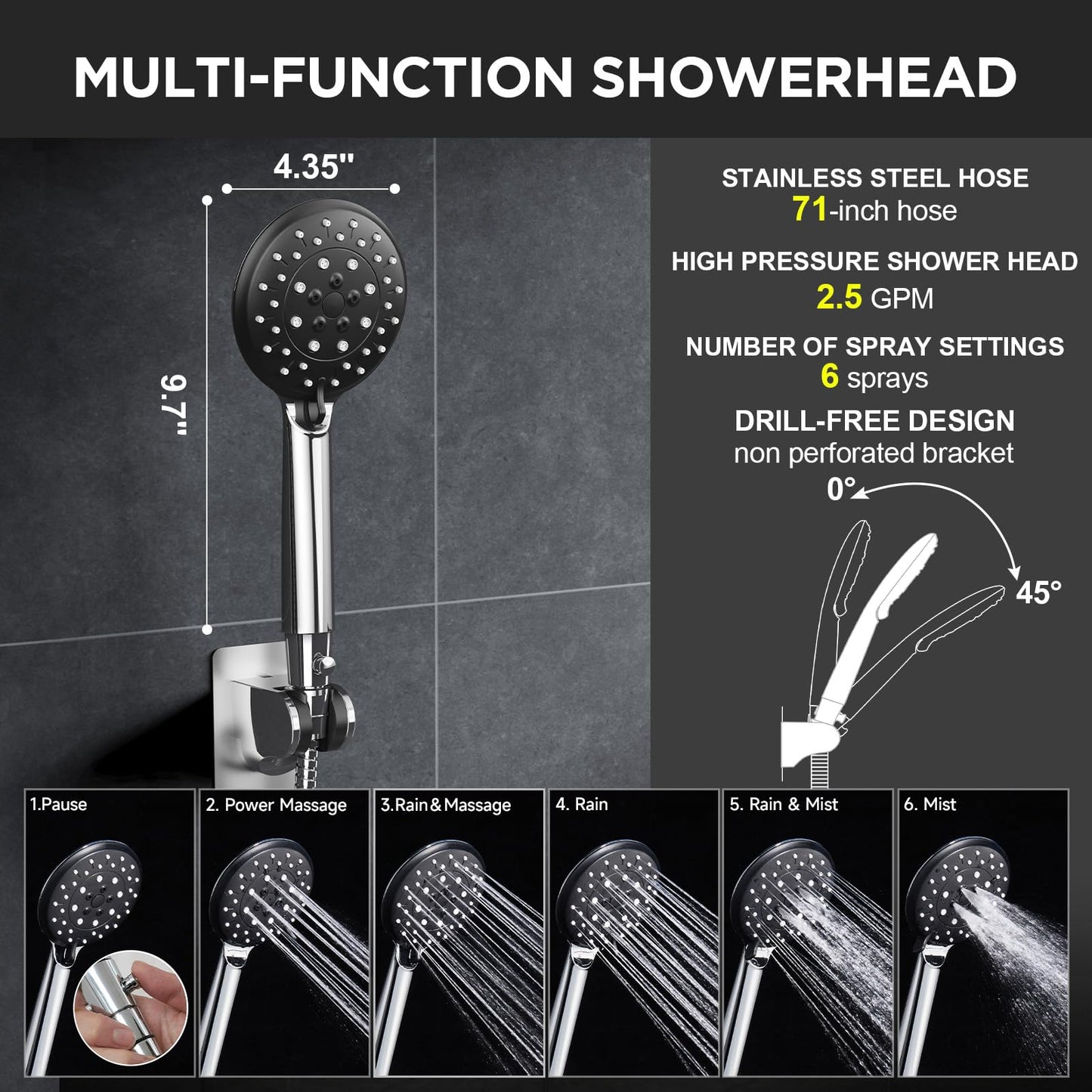 Veken Wide High Pressure Rain Shower Head with Handheld, Handheld Shower Heads with Multi Spray Modes, Rainfall Combo with 15" Metal Extension Arm,Detachable Dual Shower, Bathroom Decor,Chrome Silver