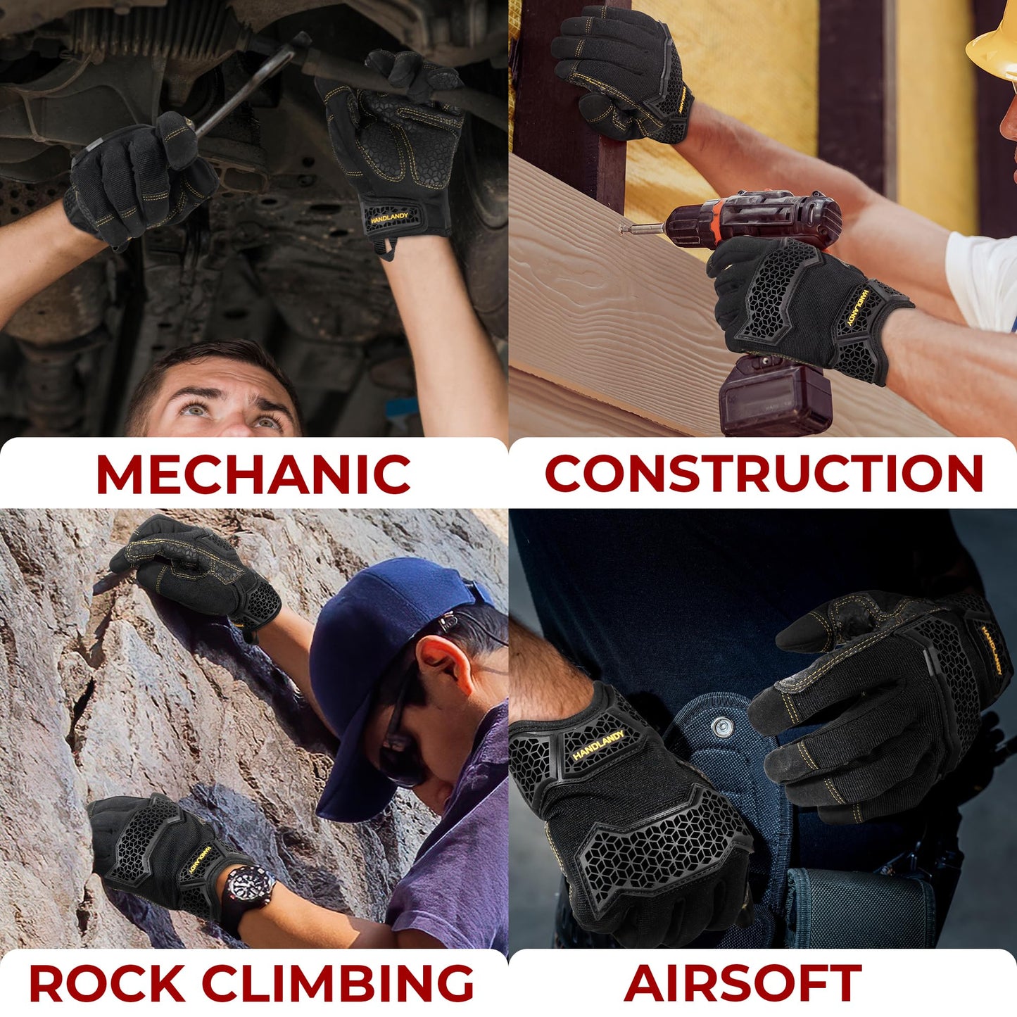 HANDLANDY Work Gloves for Men & Women, Utility Mechanic Working Gloves Touch Screen with Grip, Impact Tactical Gloves for Outdoor Activity (Large, 1 Pair)