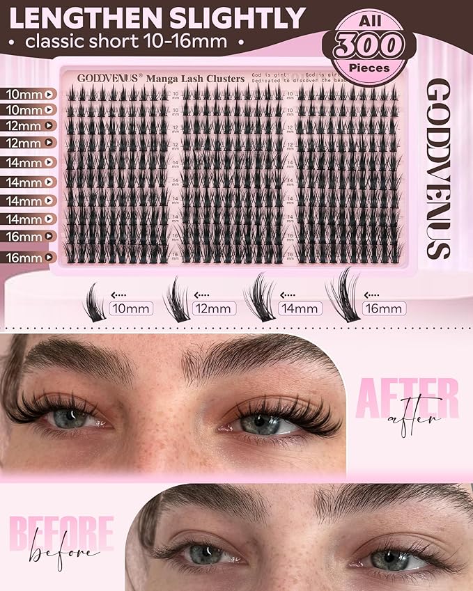 Goddvenus Manga Lash Clusters Kit Natural 300 Pcs Cluster Eyelash Extensions Kit Wispy Fairy Fluffy Eyelash Clusters Anime Cosplay Individual Lash Extensions Kit CC Curve 10-16mm