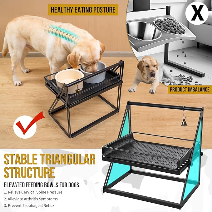 OneTigris Elevated Dog Bowl, Raised Dog Bowls for Medium Large Dogs, Adjustable Height, with Non-Slip Mat No-Spill Baffle, Height Adjustable from 2" to 11" Black (Bowls Not Included)