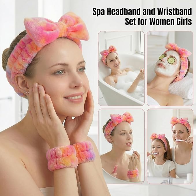 8 Pcs Spa Headband and Wristbands Set for Washing Face, Soft Face Wash Headbands Wrist Bands for Women with Scrunchies, Absorbent Wrist Towels, Makeup Hairband for Skincare, Yoga, and Teen Girls Gifts
