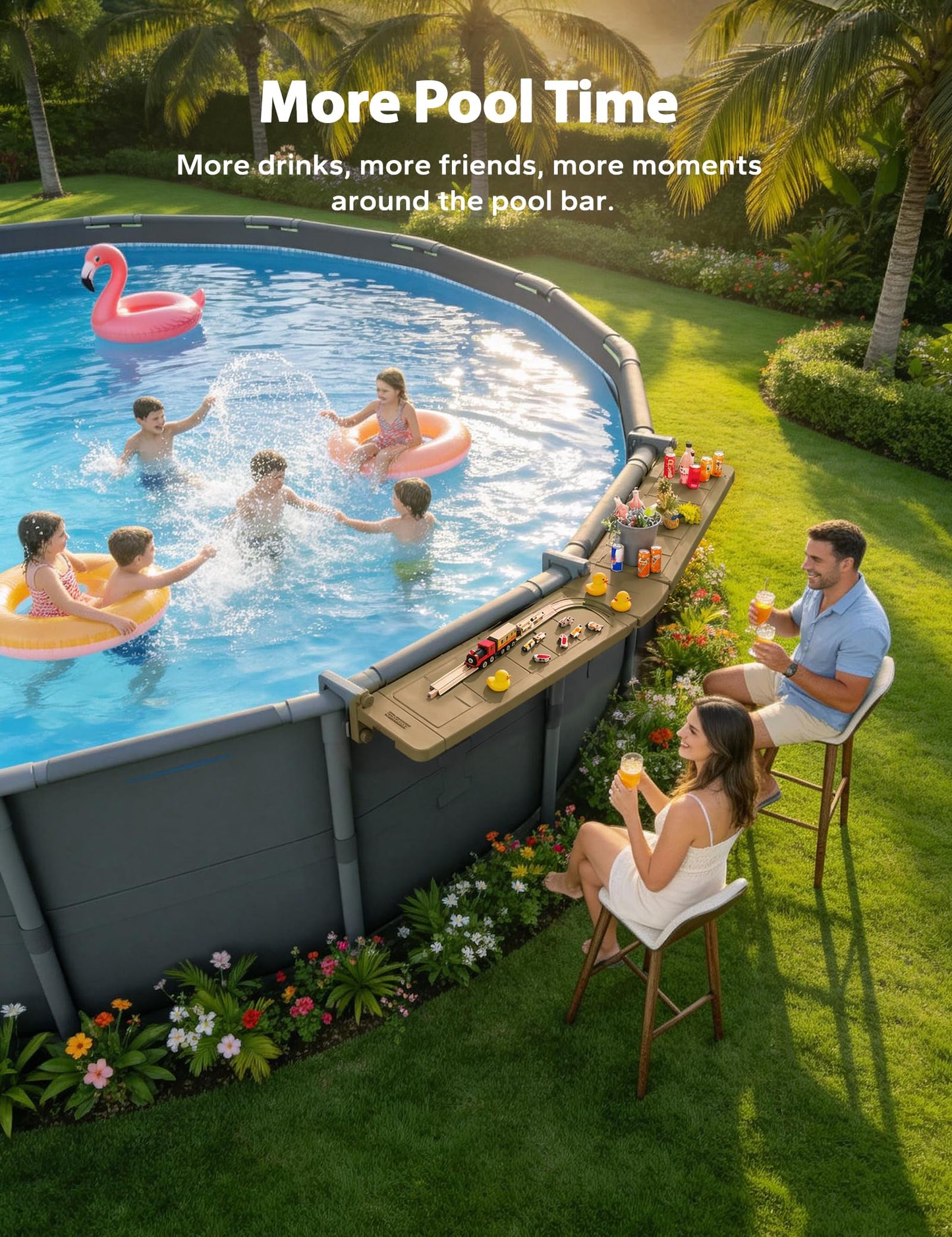 POOLHACKER Poolside Bar Extended for Above-Ground Round Pools, Original Swim-Up Bar Table, Foldable Patio Poolside Table, Weather-Resistant Stable Tabletop, Easy Maintenance, Brown