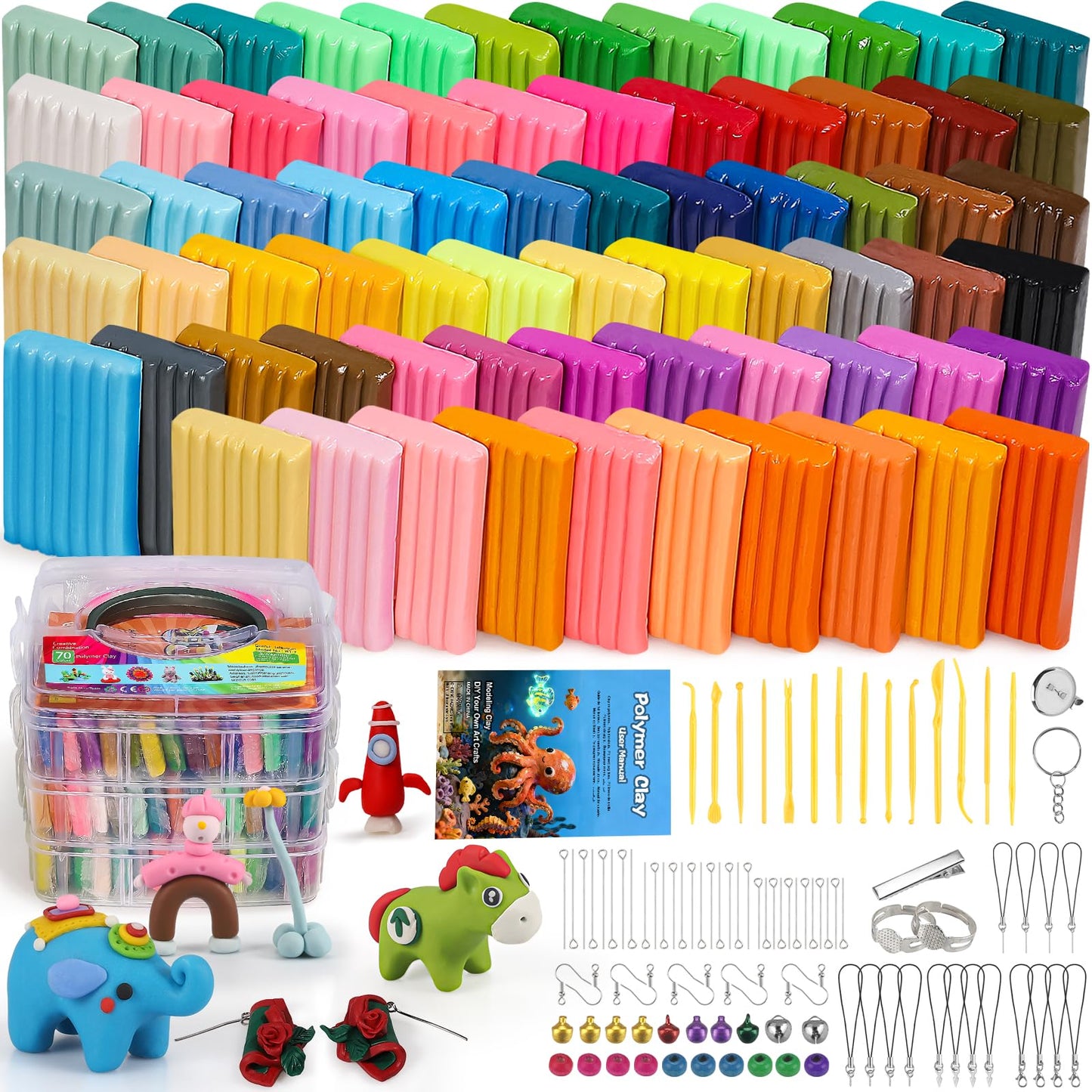 Ixiaoyoo 70 Colors Polymer Clay, DIY Modeling Clay Starter kit for Kids, Oven Baked Model Clay Art & Crafts Toys with Sculpting Tools, Non-Sticky, Birthday & Christmas Gift for Kids & Adults Artists