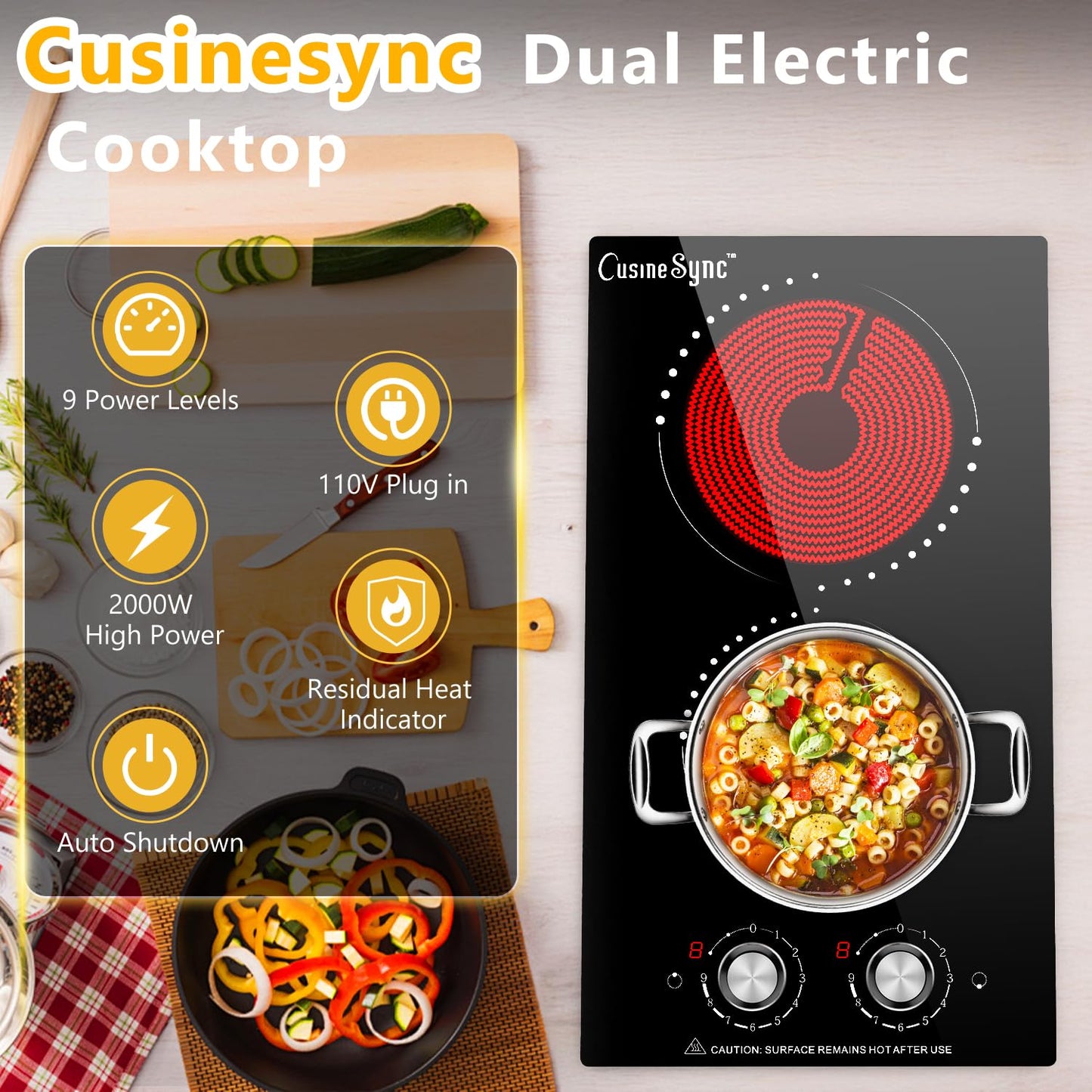 Cusinesync Portable Electric Cooktop 2 Burner 110V Plug in, 12 Inch 2000W Electric Stove Top with Knob Control, Countertop or Built-in Ceramic Hot Plate, for RV Dorm Apartment Kitchen Cooking