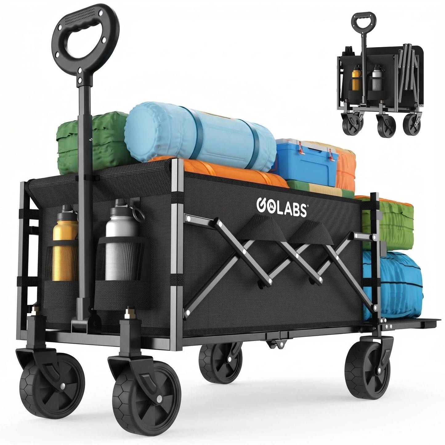 Golabs Collapsible Wagon Cart Max 350lb Load & Expandable Storage 100L, Double Bearing Design for Flexible Steering, Foldable Heavy Duty Garden Cart with 2 Cup Holders for Groceries, Garden & Camping