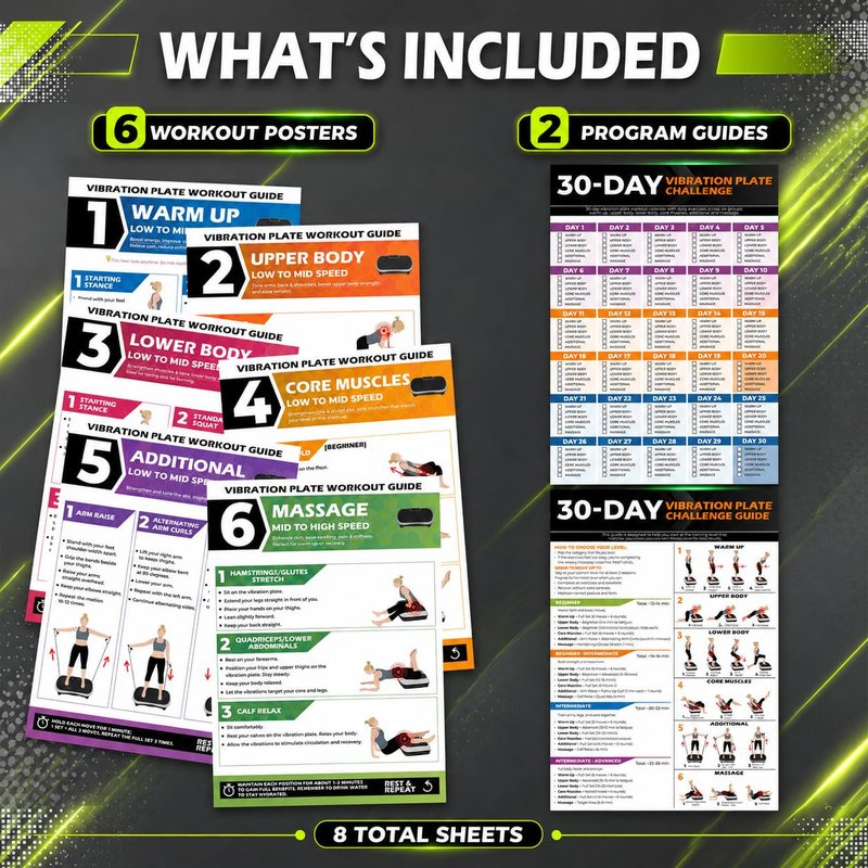 POCAZONE Vibration Plate Workout Poster, Full-Body Exercises + 30-Day Personalized Plan, Beginner to Advanced Guidance, Fits All Vibration Machines, Home Fitness & Recovery