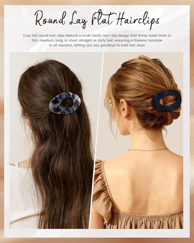 Mesovor 6 Pack Flat Hair Claw Clips, 4.33" Nonslip Large Round Lay Flat Hair Clips | Strong Hold French Flat Hairclips for Lying Down, Yoga, Driving (Tortoise Colorful)