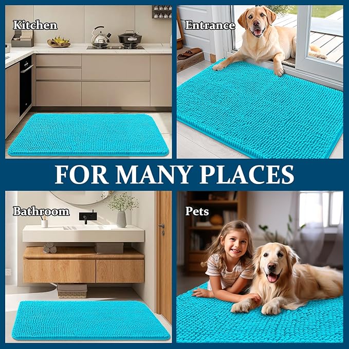 OLANLY Dog Door Mat for Muddy Paws 47x32, Absorbs Moisture and Dirt, Absorbent Non-Slip Washable Doormat, Quick Dry Chenille Mud Mat for Dogs, Entry Indoor Entryway Carpet for Inside Floor, Aqua Blue