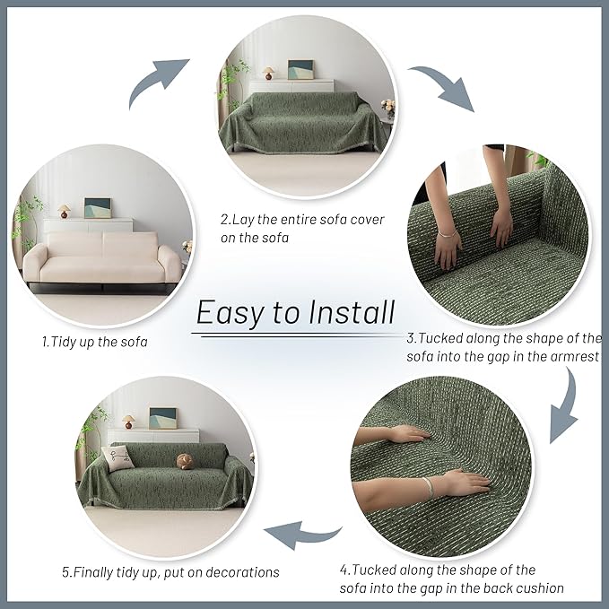 MYSKY HOME Boho Couch Cover Moss Green Sofa Covers with Tassel Farmhouse Sofa Slipcover Simple Couch Protector for Dogs Chenille Sectional Couch Covers L Shaped Couch Cushion Covers, 91"x 134"