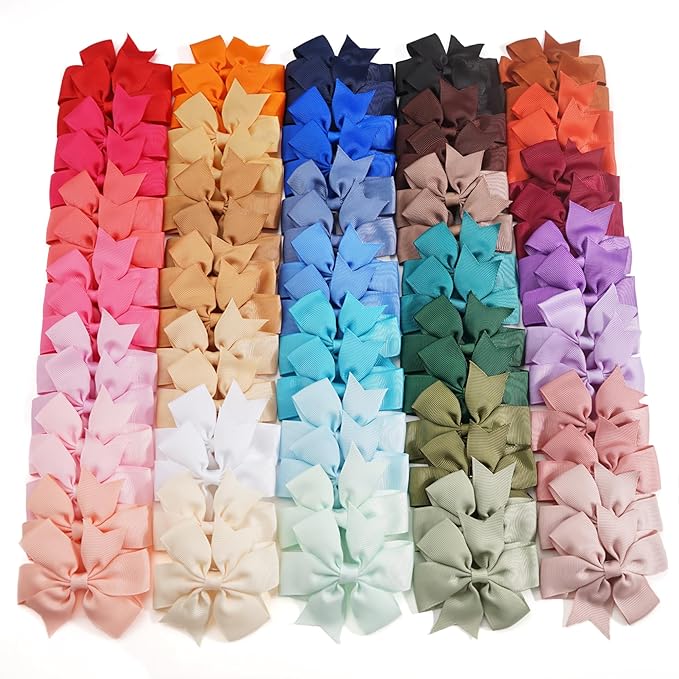 CÉLLOT 70pcs 3 Inch Boutique Grosgrain Ribbon Pinwheel Hair Bows,Toddler Bows Hair Clips for Baby Girls Birthday Gifts In Pair