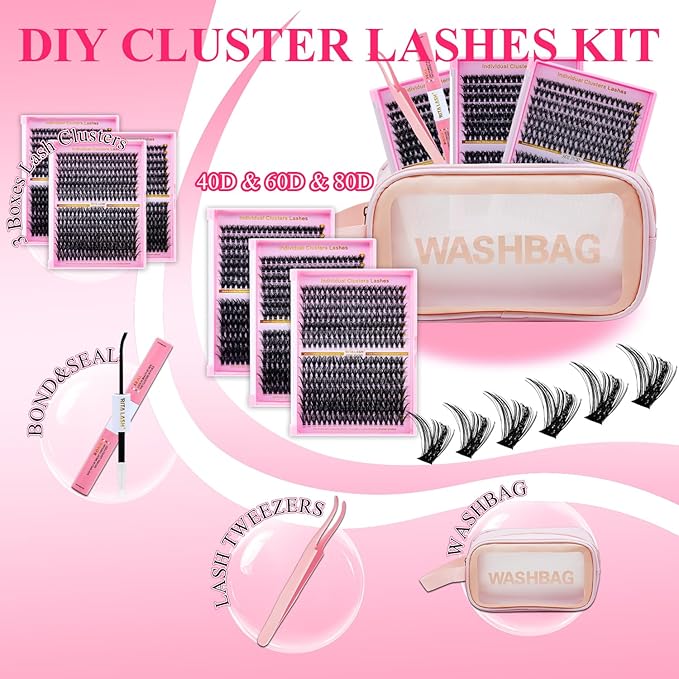 Lash Extension Kit DIY Lash Clusters 3 Boxes Cluster Lashes Soft Eyelash Extensions Wispy Individual Lashes with Lash Bond and Seal,Lash Tweezers,Washbag 6 Counts(40D 60D 80D, 3 Boxes Kit)