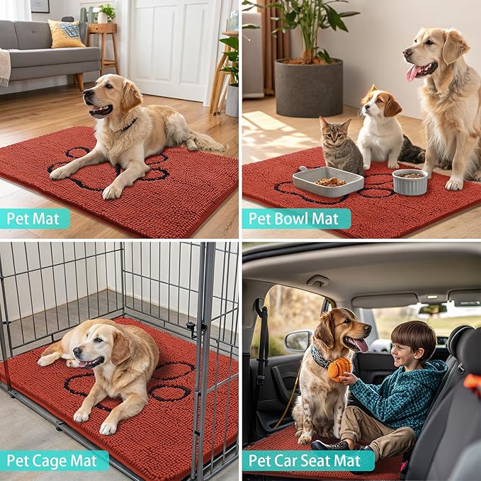 Smiry Dog Door Mat for Muddy Paws, Absorbent Dirt Trapper Non Slip Quick Dry Washable Chenille Mat for Mud Dogs, Entry Rug for Indoor and Outdoor (30x20 Inches, Maple Red and Black)