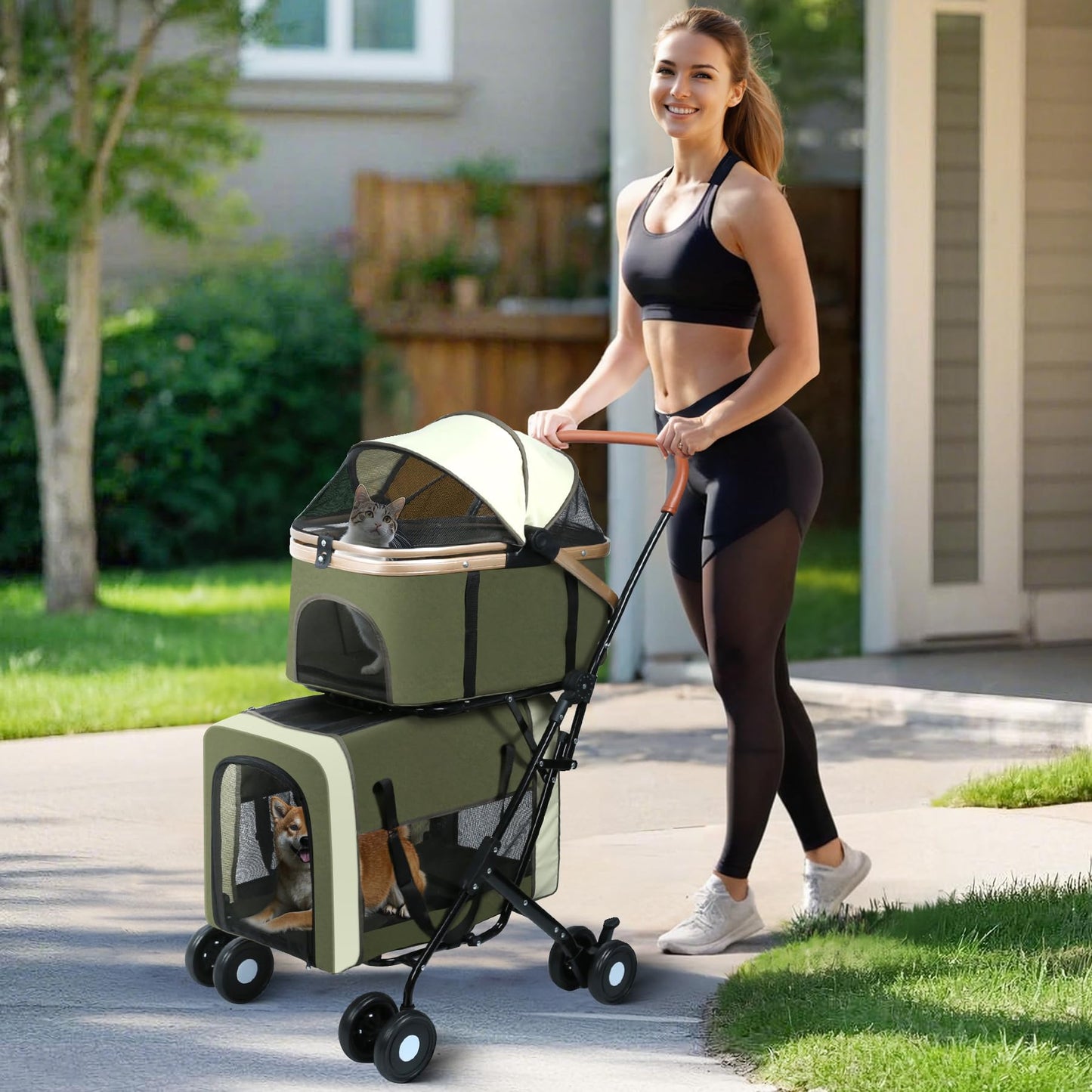 Double Pet Stroller for Dogs and Cats: Dog Stroller Foldable Travel Carriage with Detachable Carriers, Safety Belts, and 4 Lockable Wheels for Small to Medium Pets – Ideal for Multi-Pet Homes (Green)
