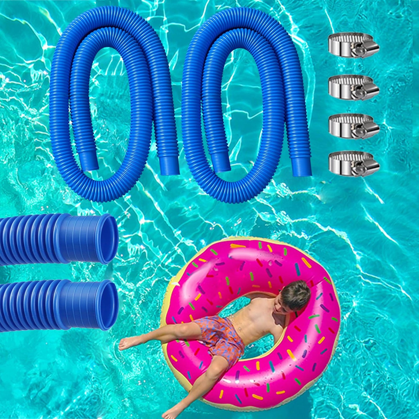 Hxxyilok Pool Hoses Pool Pump Replacement Hose, 1.25 x 59 inch Above Ground Pool Hoses Tubes Compatible with Intex Filter Pump 607, 603, 637, 2 Pack Hose 4 Clamps Poolhose-2Pcs