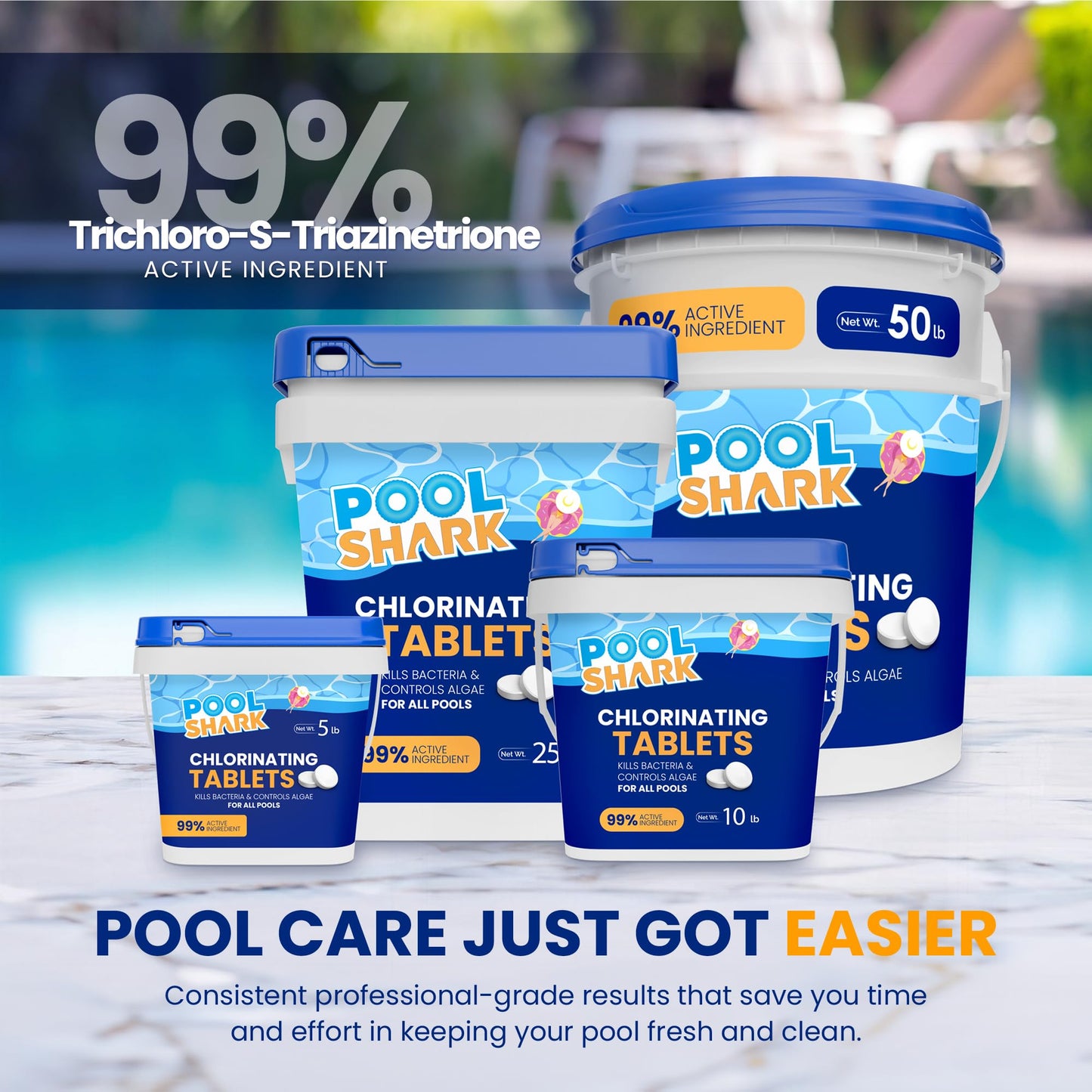 Pool Shark Swimming Pool Chlorine Tablets - 3-Inch Chlorine Tablets - Slow-Dissolving 90% Active Chlorine Tabs - Pool Chemicals for Inground Pools, Above Ground Pools, Saltwater, Spa, Hot Tub (50 lbs)