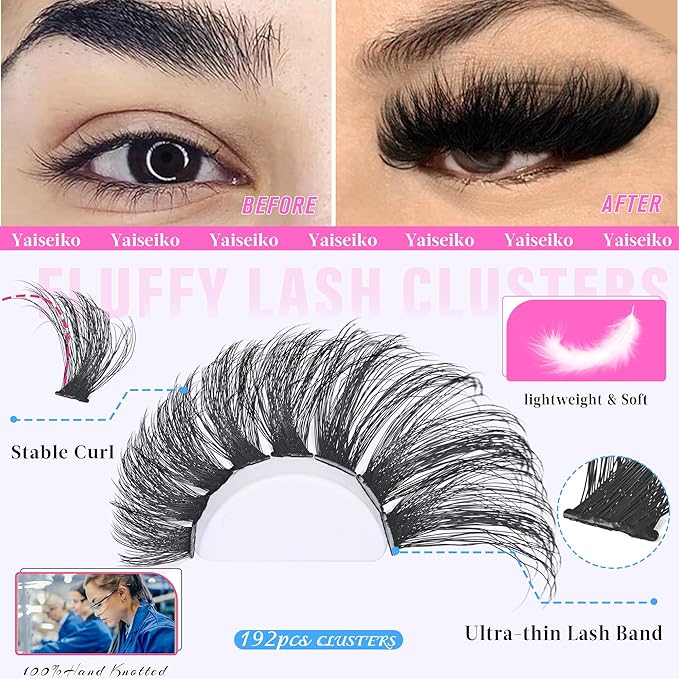 Eyelash Clusters 14-22mm Thick Volume Lash Clusters Eyelash Extensions 200D Individual Lashes Clusters 192pcs DIY D Curl Wispy Plant Fibers Lashes Clusters, by Yaiseiko