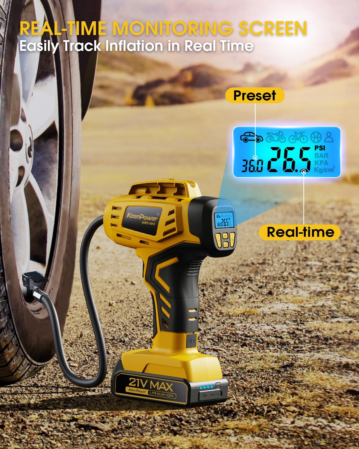 KeenPower Tire Inflator Portable Air Compressor - Super Fast - 21V Rechargeable Battery Powered Handheld 160PSI Tire Inflator, Dual Power Supply Modes, Portable Air Pump for Car Motorcycle E-Bike
